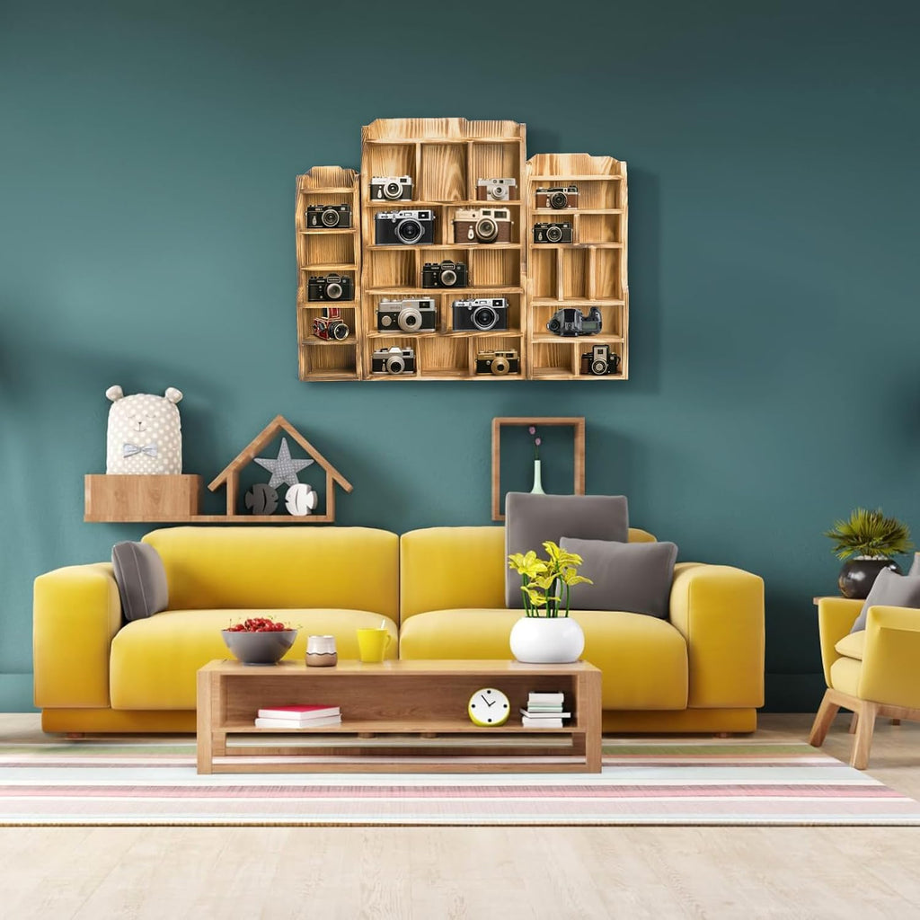 3 Pack Wood Shadow Box with 27 Compartment, 16" x 10" x 2.5" Rustic Cubby Display Shelf, Wall-Mounted Freestanding Floating Shelves, Decorative Collection Display for Figures, Curio