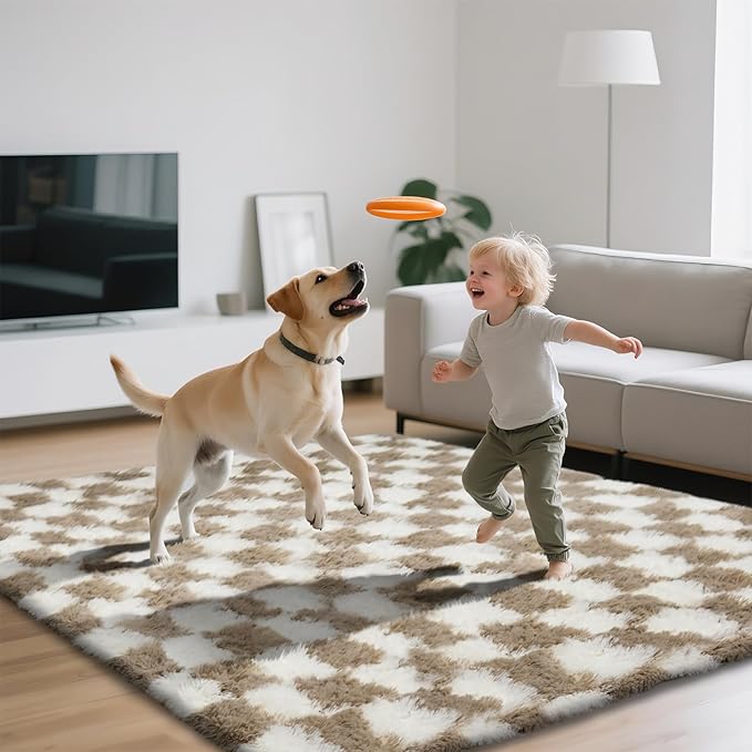 Checkered Area Rugs for Living Room 8x10, Fluffy Beige and White Checkered Rug - Image 7