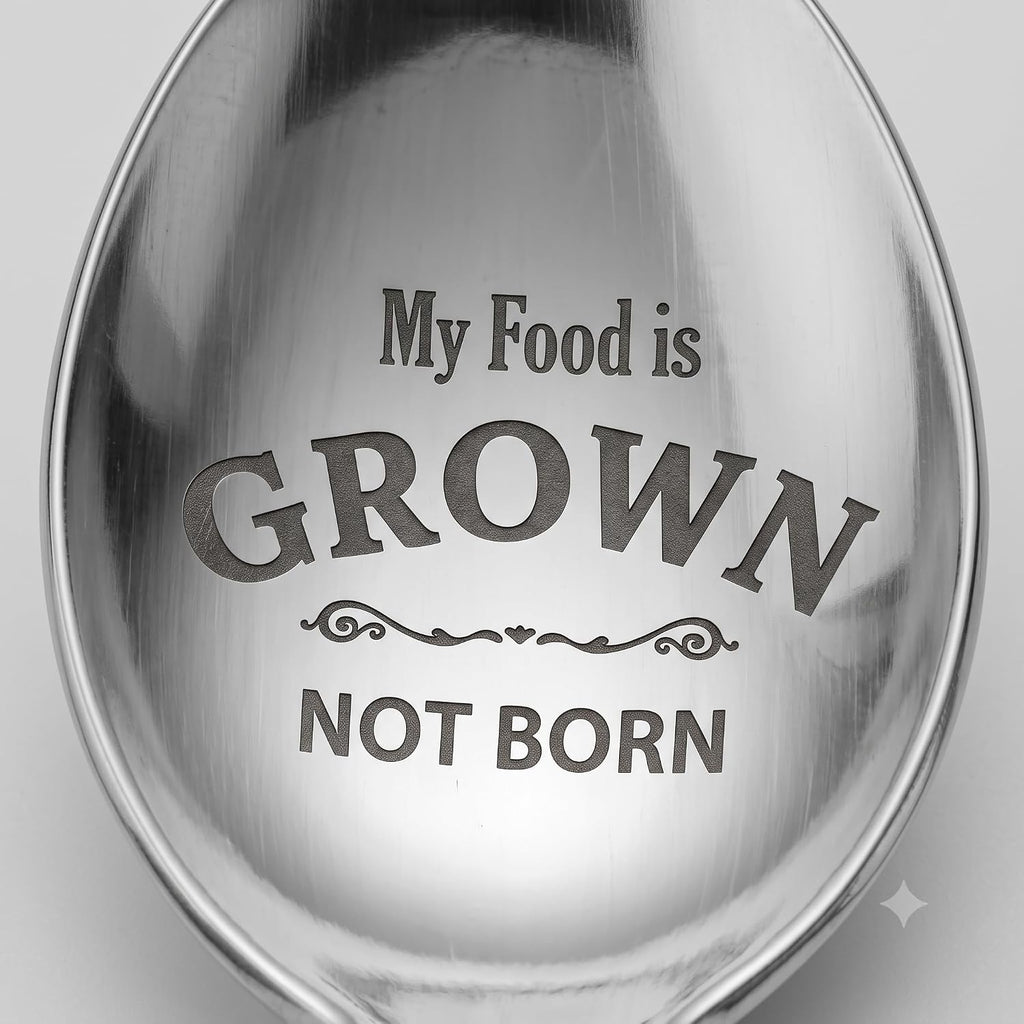 Spoons Silverware, Stainless Steel Coffee Spoons with My Food Is Grown Not Born Design, Reusable Decorative Spoon for Coffee, Tea, Desserts, Breakfast, Dining & Gifting