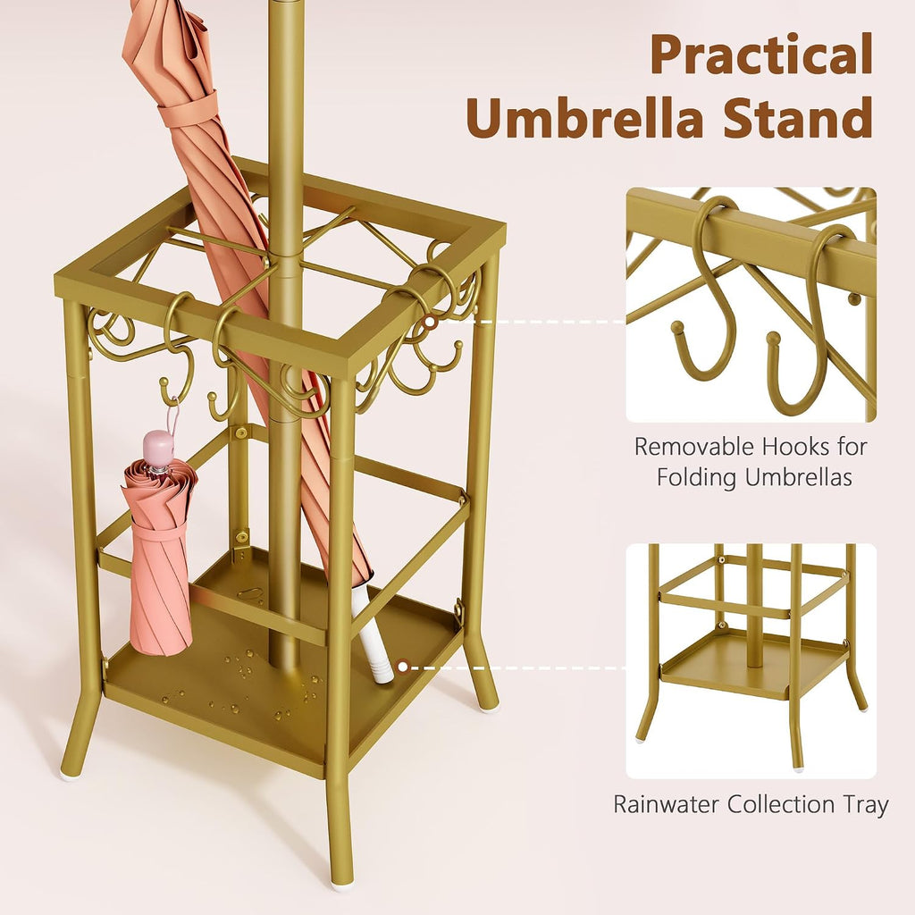 Hoctieon Coat Rack Freestanding, Coat Tree with Umbrella Holder, Metal Coat Rack Stand with 12 Hooks, Standing Coat Hanger Stand, Umbrella Stand for Entryway, Hat Rack Stand for Home Office