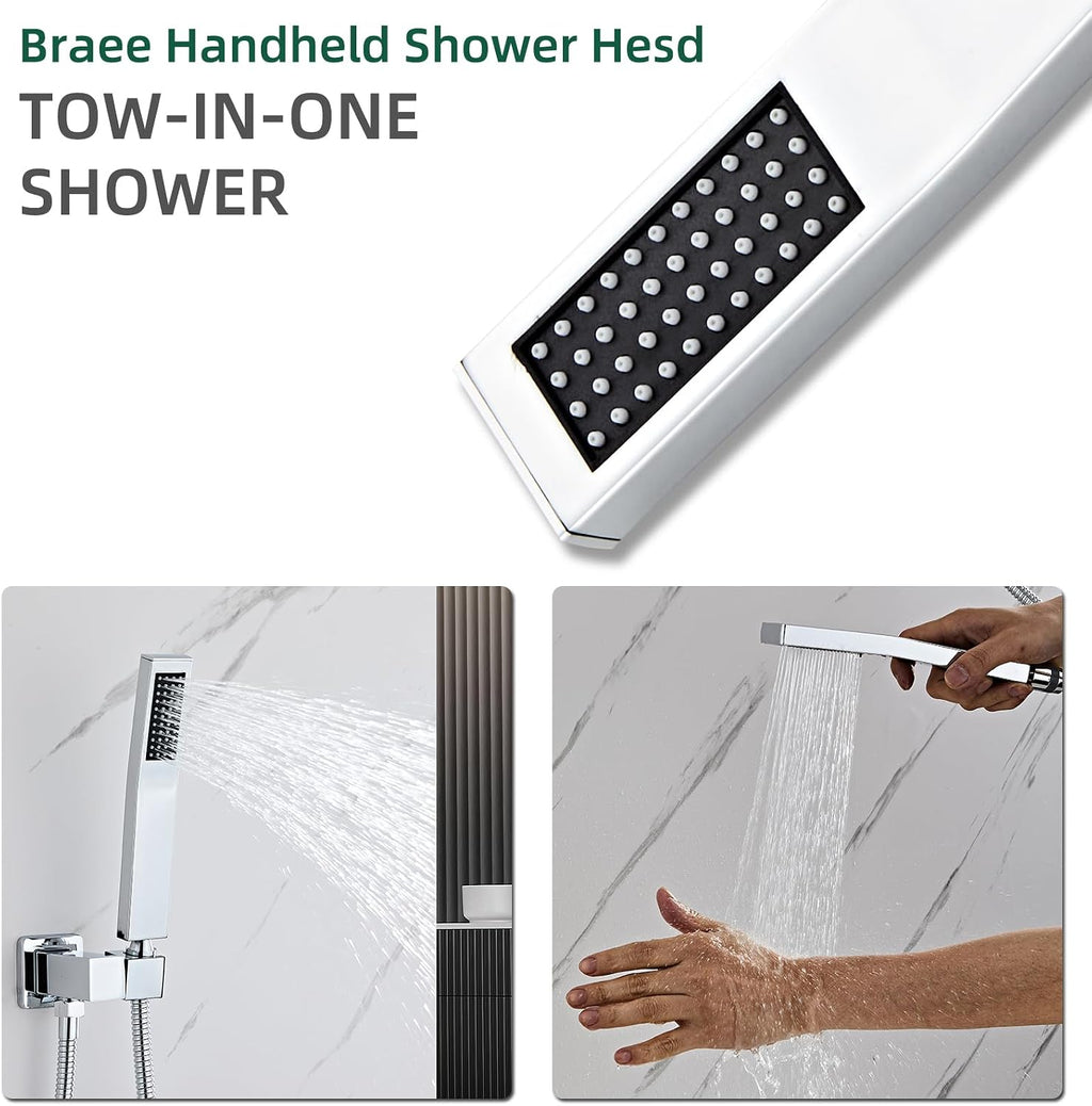 Bathroom Square Chrome Solid Brass Hand Held Shower Head With Wall Connector and Hose System Wall Mount Handheld Showerheads Set