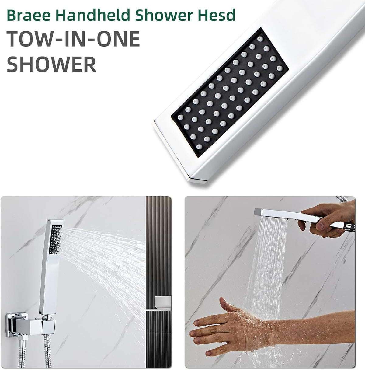 Bathroom Square Chrome Solid Brass Hand Held Shower Head With Wall Connector and Hose System Wall Mount Handheld Showerheads Set
