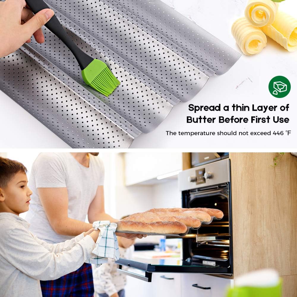 AMAGABELI 2 Pack Baguette Bread Pan 15" x 13" Nonstick Perforated Baguette Tray French Bread Baking 4 Wave Loaf Bake Mold Toast Cooking Baker Molding Gutter Oven Toaster Dishwasher Safe Silver