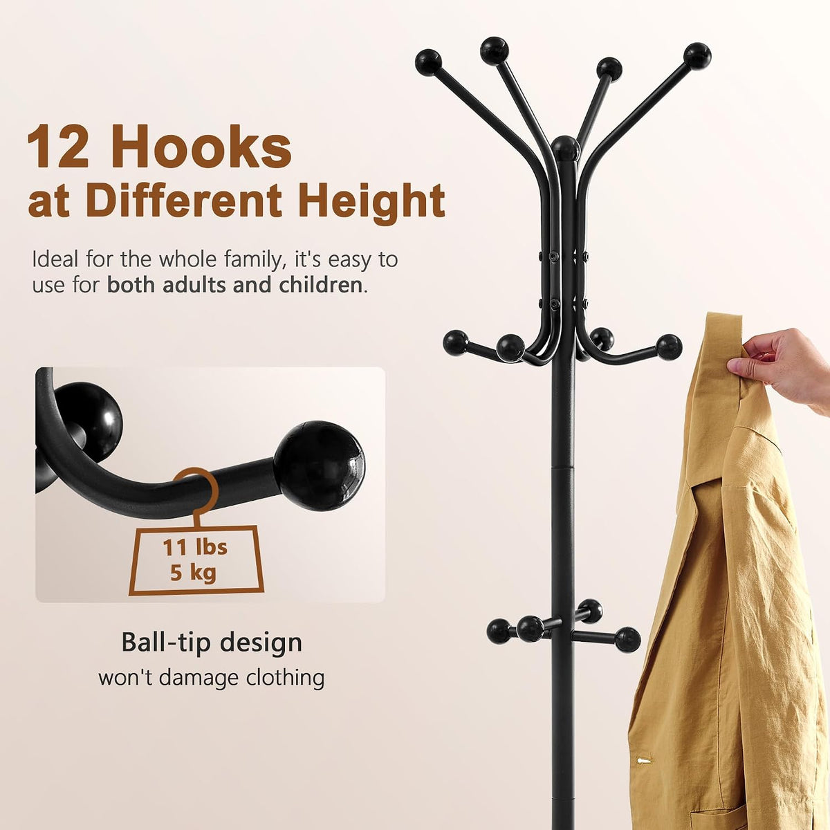 Hoctieon Coat Rack Freestanding, Coat Tree with Umbrella Holder, Metal Coat Rack Stand with 12 Hooks, Standing Coat Hanger Stand, Umbrella Stand for Entryway, Hat Rack Stand for Home Office, Black
