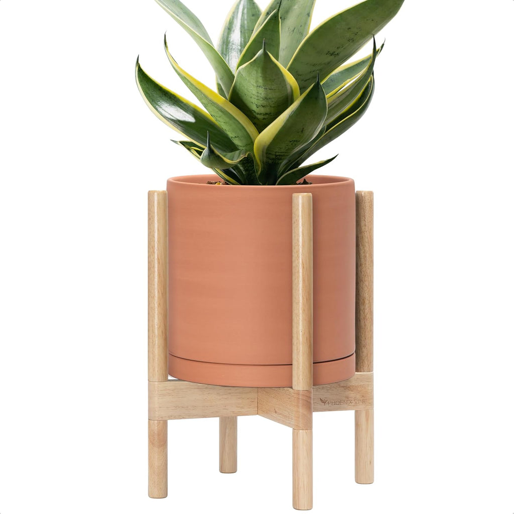 D'vine Dev Ceramic Pot with Walnut Wood Stand, Teal, 10 in, 55-B-X-4