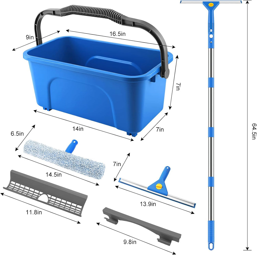 Window Cleaning Kit with Bucket 3 Gallon for Home Outdoor, Blue