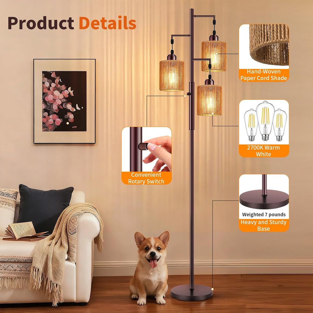 Hotsonic 72" Boho Rattan Tree Floor Lamp, Tall Dimmable Industrial Standing Lamp, Corner Decor Accent Lighting for Living Room, Bedroom, Dining Room, Nursery, Cafe (3 x 800LM Bulbs Included) - Brown