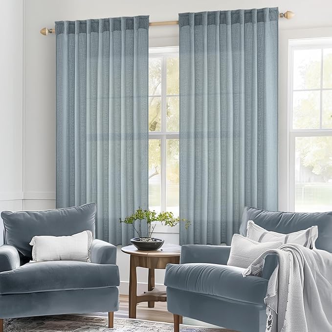 MIULEE Dusty Blue Linen Curtains 54 Inch Length 2 Panels - Image 2