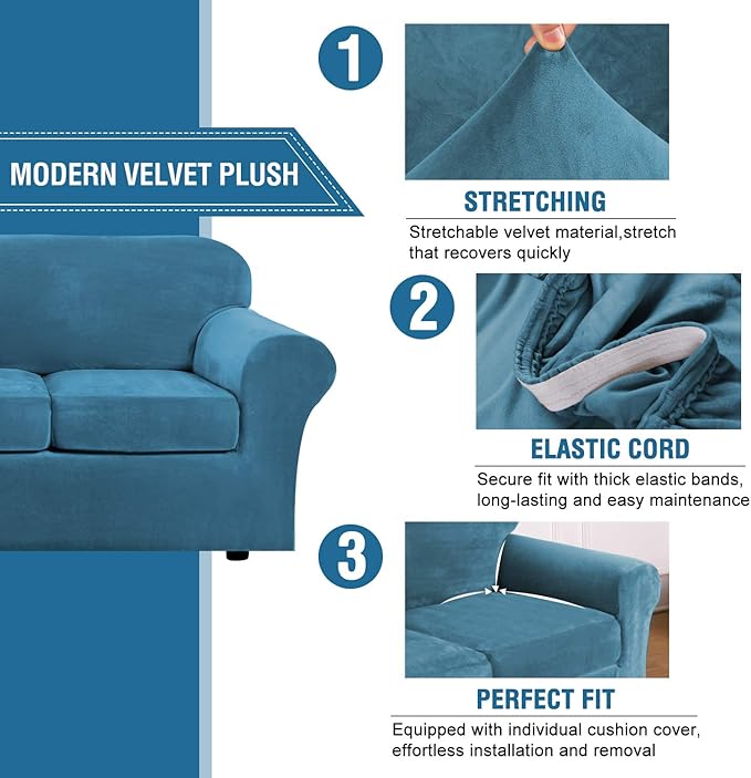 H.VERSAILTEX Modern Velvet Plush 4 Piece High Stretch Sofa Slipcover Sofa Cover - Image 3