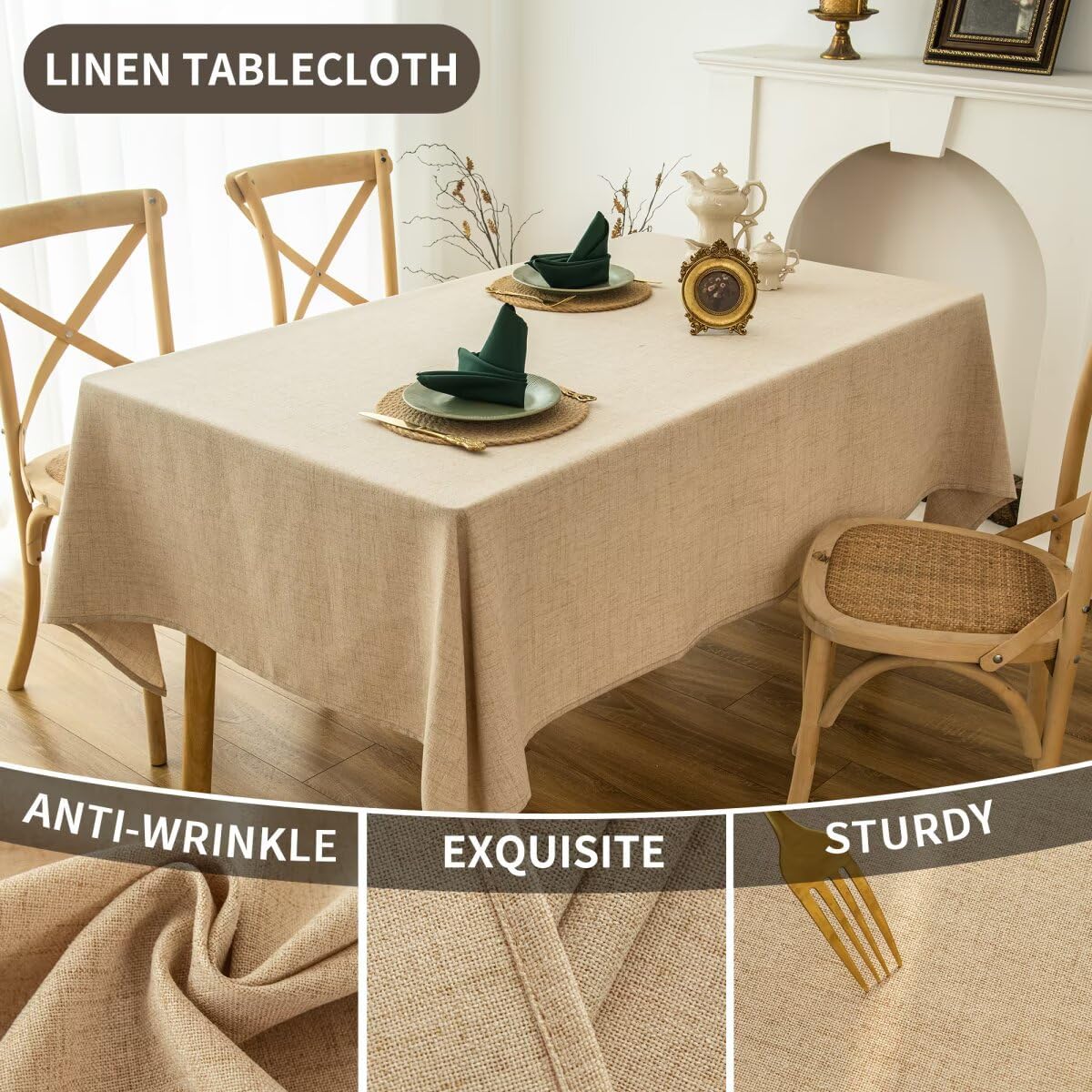 Natural Linen Rectangle Tablecloth, Slubby Textured Fall Lightweight Table Cloth 52 x 70 Inch, Water Resistant Stain Resistant Farmhouse Burlap Table Cover for Kitchen Dining Room, Camel