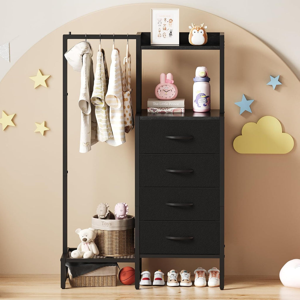 Yoobure Black Dresser with Hanging Rack - Small Closet with 4 Fabric Storage Drawers, 44" H Dresser with Clothes Rack, Chest of Drawer, Kids Dressers for Bedroom, Dorm, Living Room, Sturdy Frame