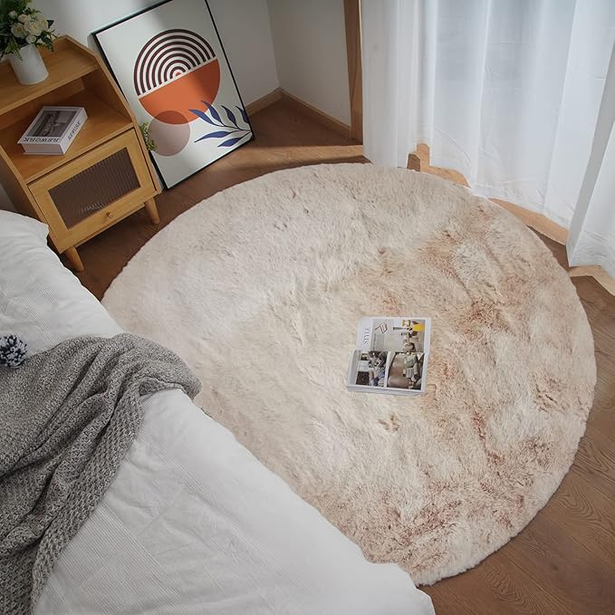 Ghouse Faux Rabbit Fur Round Rug 6ft Light Brown Beige Round Rugs - Image 2