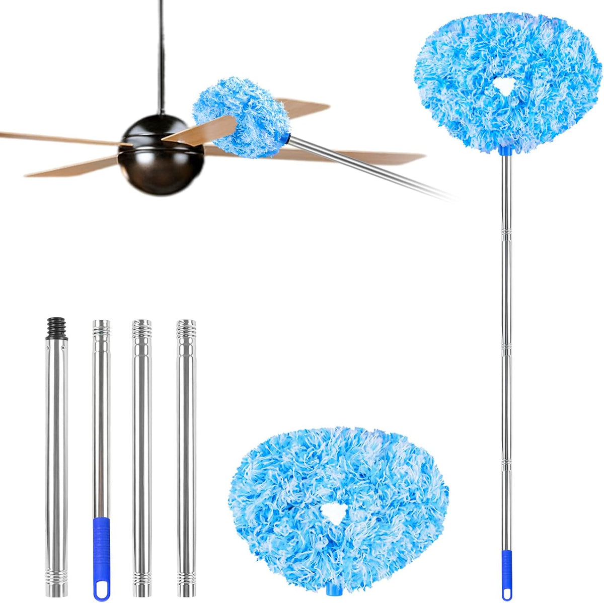 Ceiling Fan Cleaner Duster Reusable Microfiber Ceiling Fan Blade Cleaner Removable Duster with Extension Pole Adjusts 13 to 49.7 Inch for Cleaning Walls Bookshelves Furniture Door Window Top (Blue)