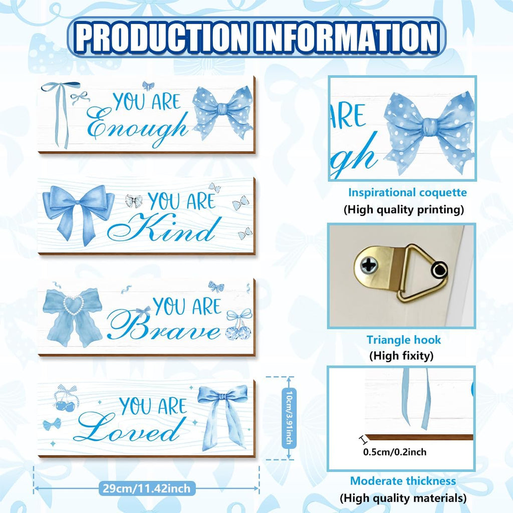 4 Pcs Blue Coquete Bow Room Decor, Teen Girls Trendy Preppy Wall Art Aesthetic for Bedroom Bathroom Decor, Inspirational Positive Affirmations
