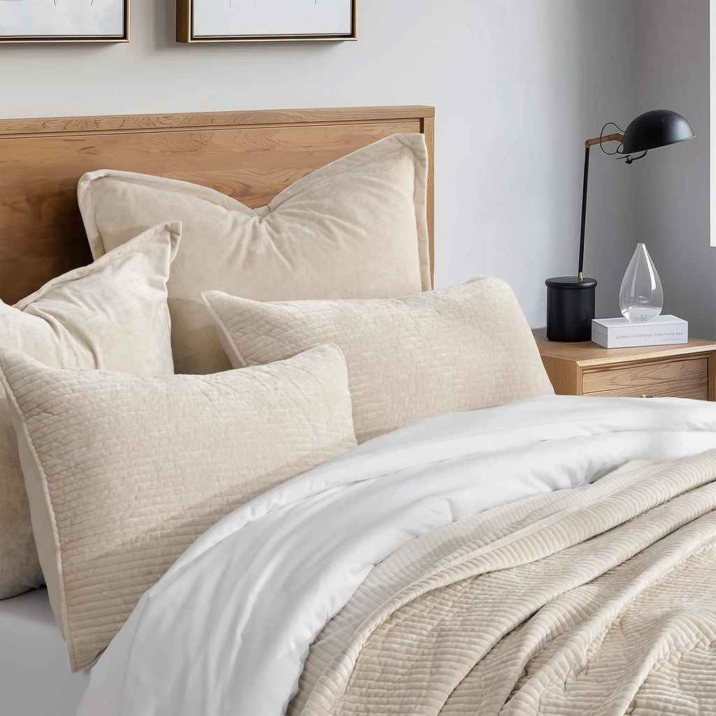 EverGrace Striped Channel Velvet Quilt Set, King Size, Light Sand