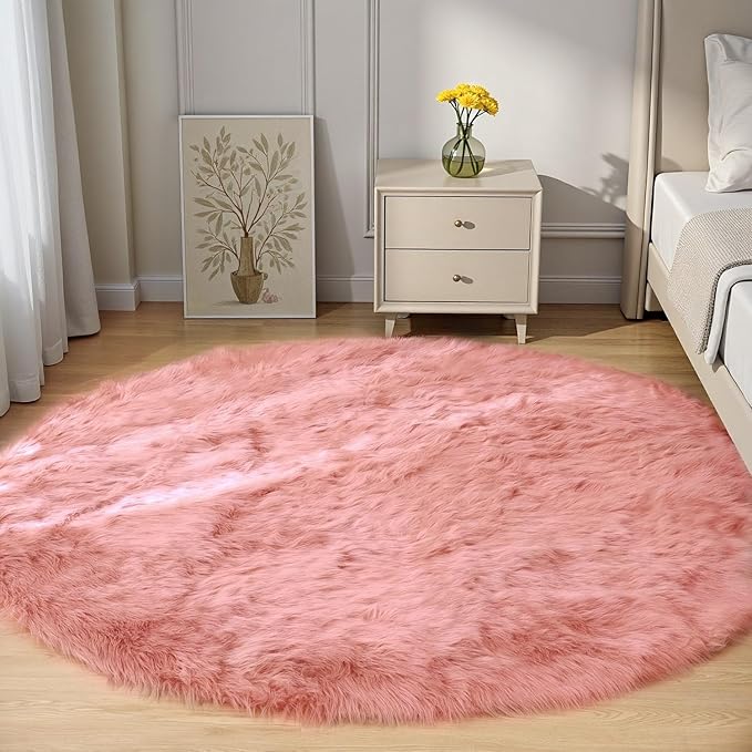 Goolela Pink Round Rug 5ft Circle Fluffy Fuzzy Fur Carpet by Goolela