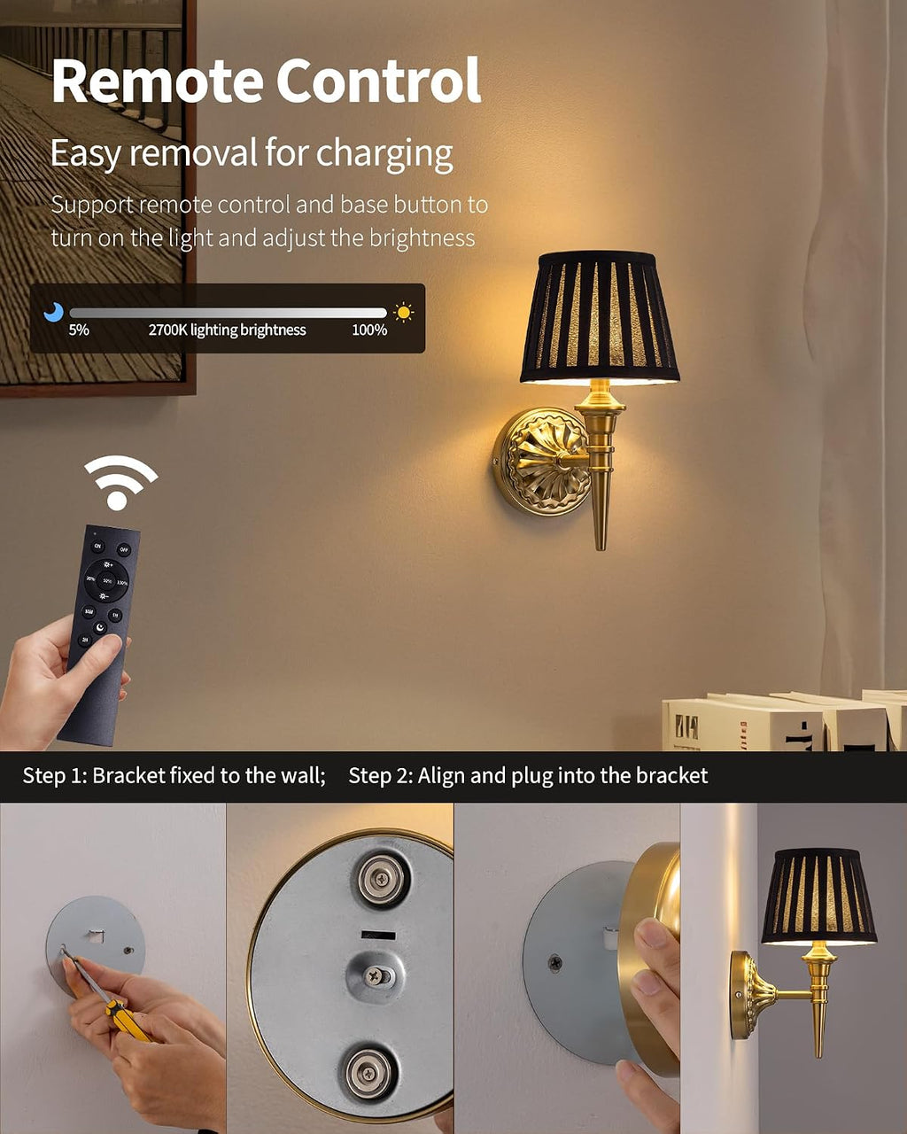 KDG Cordless Gold Wall Sconces Set of 2, Black Fabric Lampshde Wall Lamps