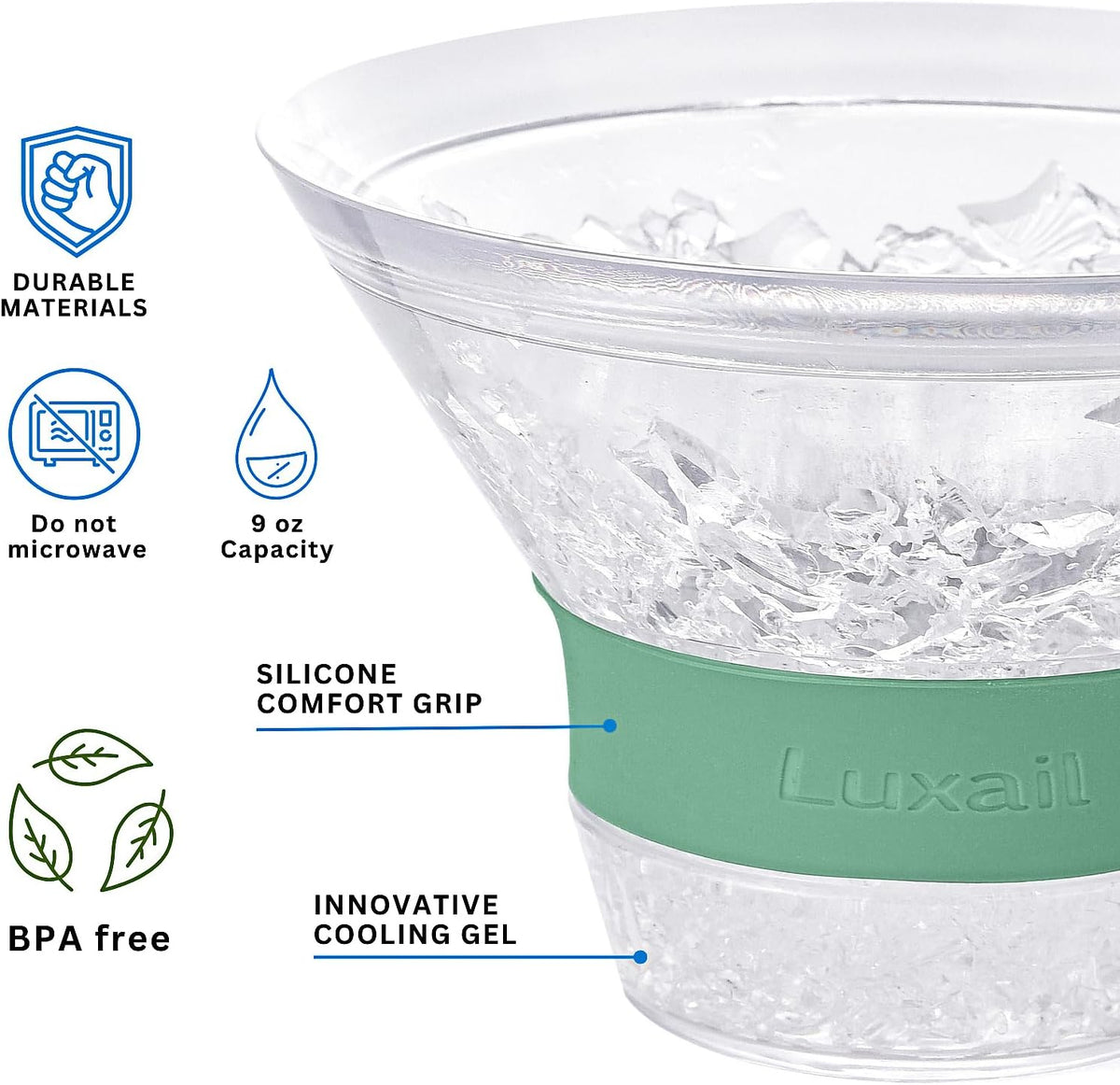 luxail Martini Glasses, Plastic Reusable Insulated Freeze Martini Cooling Cups, Gel Chiller, Double Wall Stemless Martini Glasses Set of 2, 9 Oz Capacity, Martini Gifts, 2 Reusable Cocktail Straws