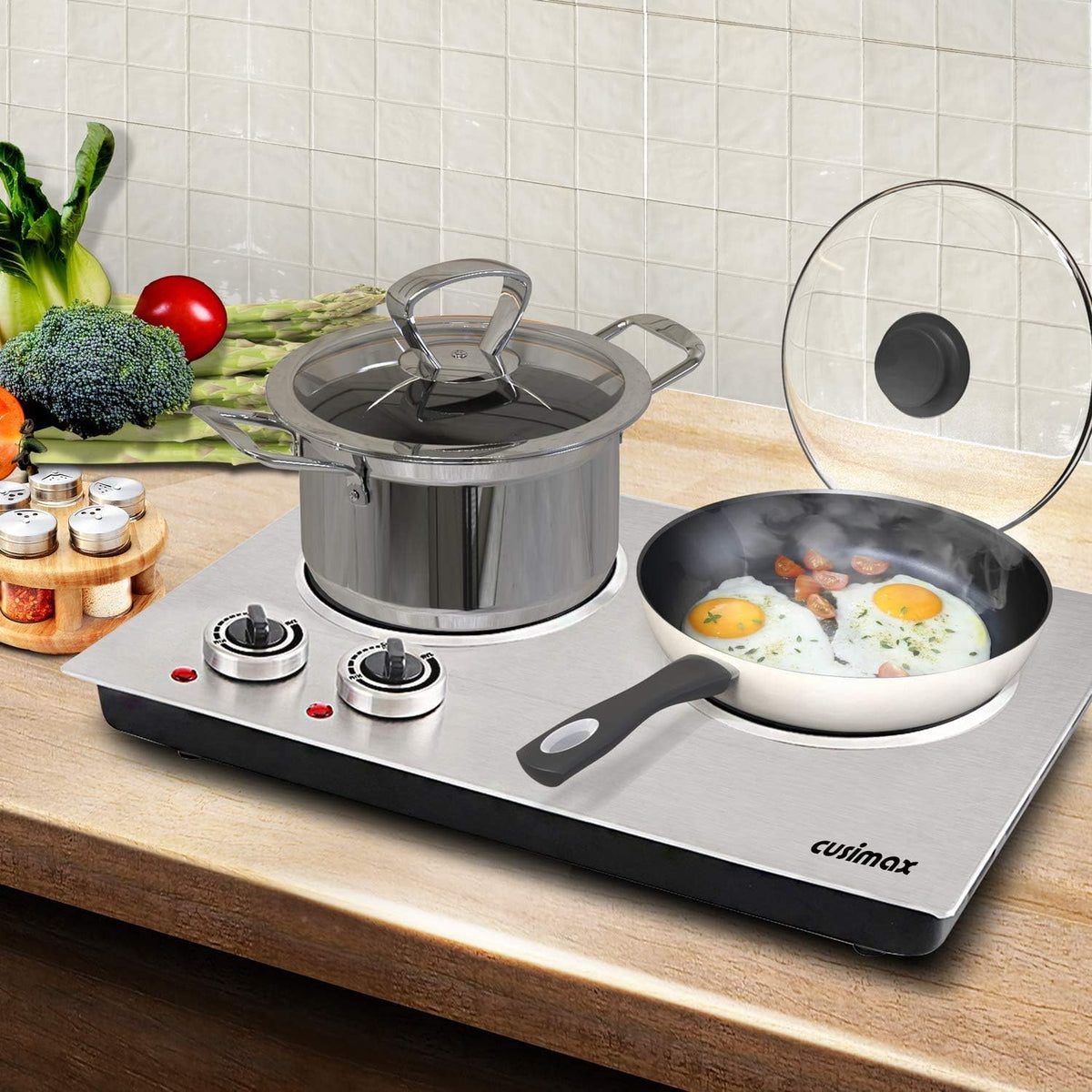 CUSIMAX 1800W Ceramic Electric Hot Plate for Cooking, Double Burner, Silver