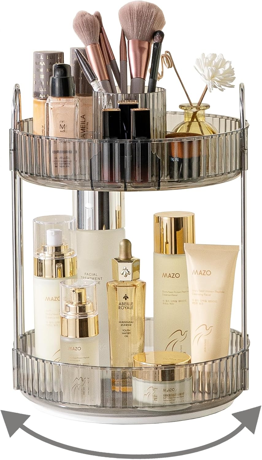 360 Rotating Gold Makeup Organizer,2 Tier Large Capacity Rotating Makeup Organizer,SkincarePerfume Organizer,Bathroom Cosmetics Storage Organizer Countertop (Gold-2 Tier)