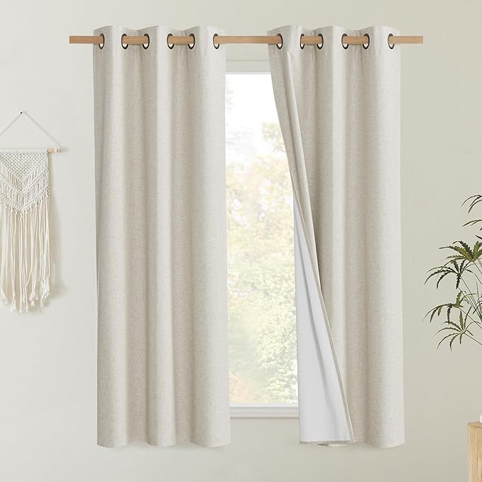 NICETOWN Natural Thick Linen Blend 100% Blackout Curtains 60" Long 2 Panels Set - Image 2