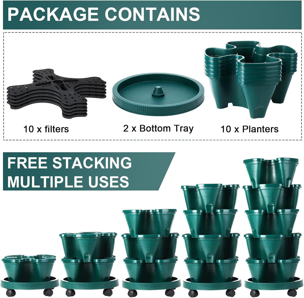 Umigy 2 Set 5 Tier Stackable Planters Vertical Garden Planters, Dark Green
