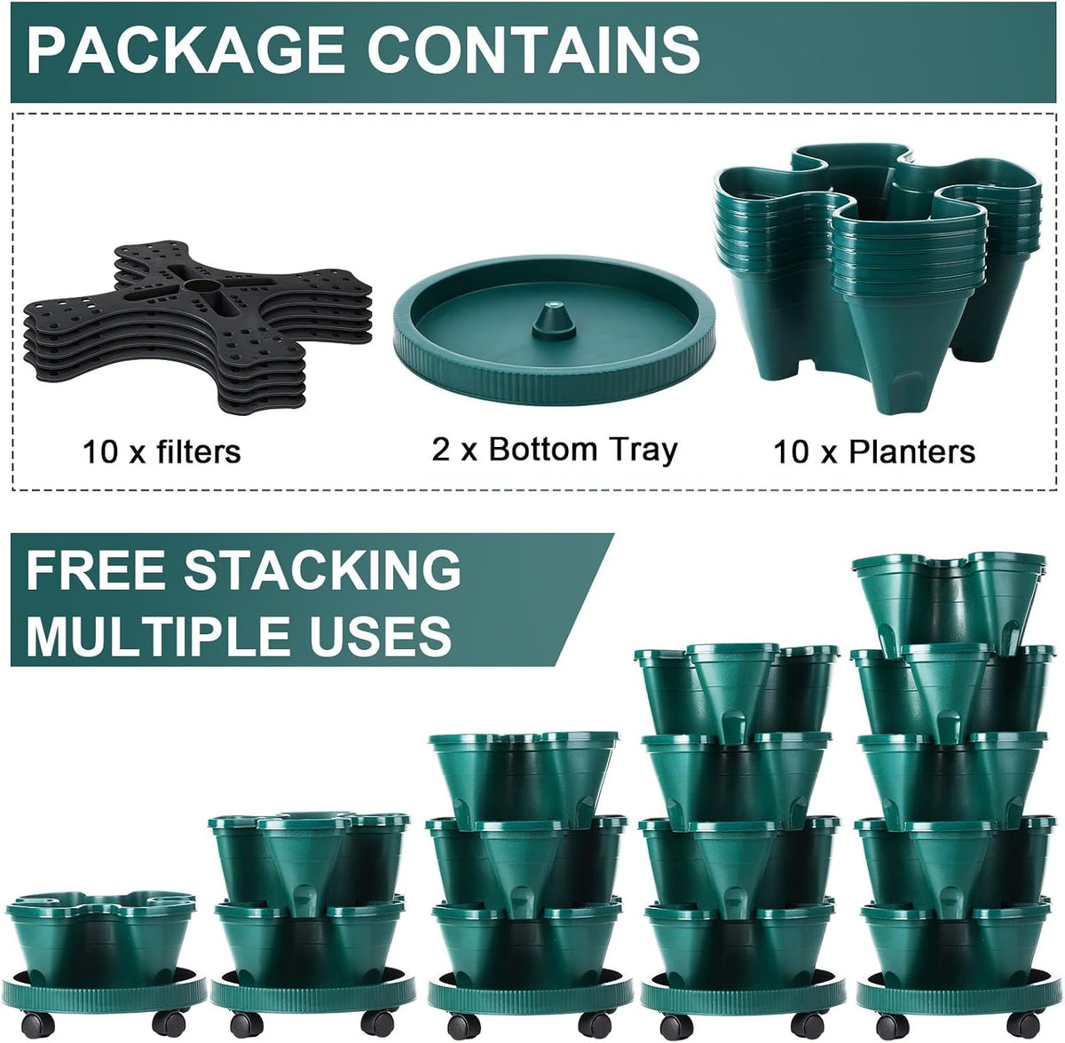 Umigy 2 Set 5 Tier Stackable Planters Vertical Garden Planters, Dark Green