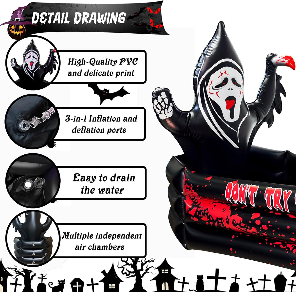 40 Inch Halloween Party Decorations Inflatable Cooler, 100+ Cans Halloween Party Supplies Large Capacity Scary Coffin Ghost Ice Bucket for Drink Beverage Holder, Halloween Decor for Outdoor Indoor
