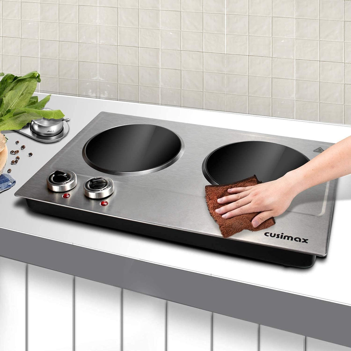 CUSIMAX 1800W Ceramic Electric Hot Plate for Cooking, Double Burner, Silver