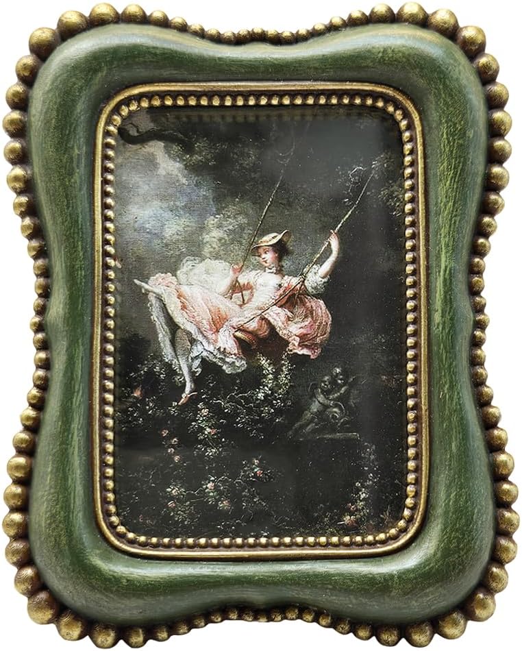 2.5x3.5 Small Vintage Picture Frame, Tiny Antique Green Ornate Photo Frame, for Tabletop and Wall Display, Decorative Retro Home Decor, Old Fashioned Photo Gallery Art