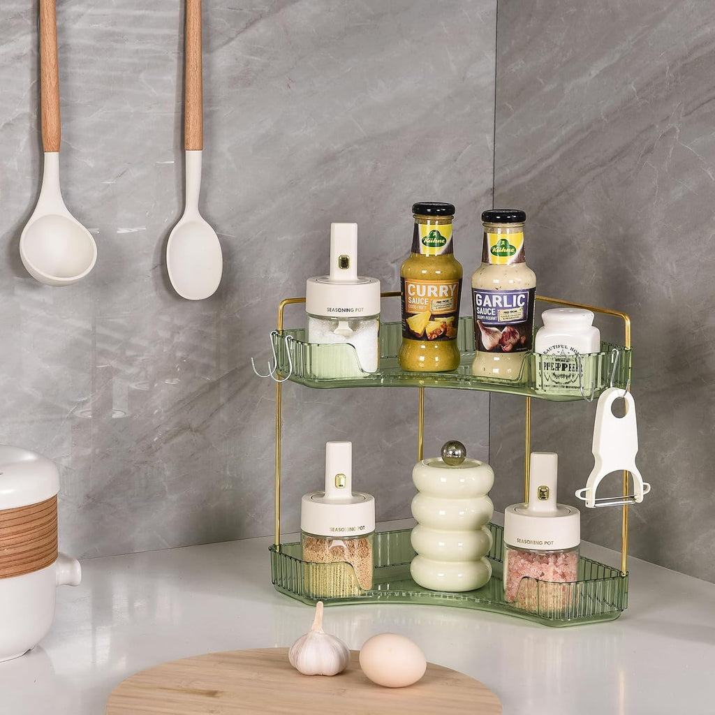 2-Tier Corner Bathroom Organizer Countertop with Hooks, for Makeup, Perfume