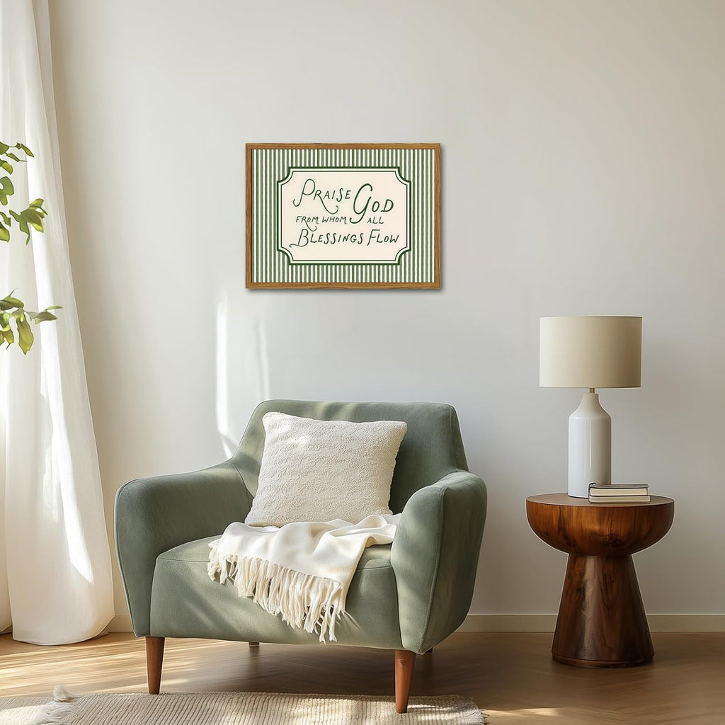 Framed Christian Scripture Wall Art, Bible Verse Pictures Wall Decor, Sage Green Striped Praise God From Whom All Blessings Flow Paintings Canvas Prints Religious Home Decor for Living Room 12x16 inch