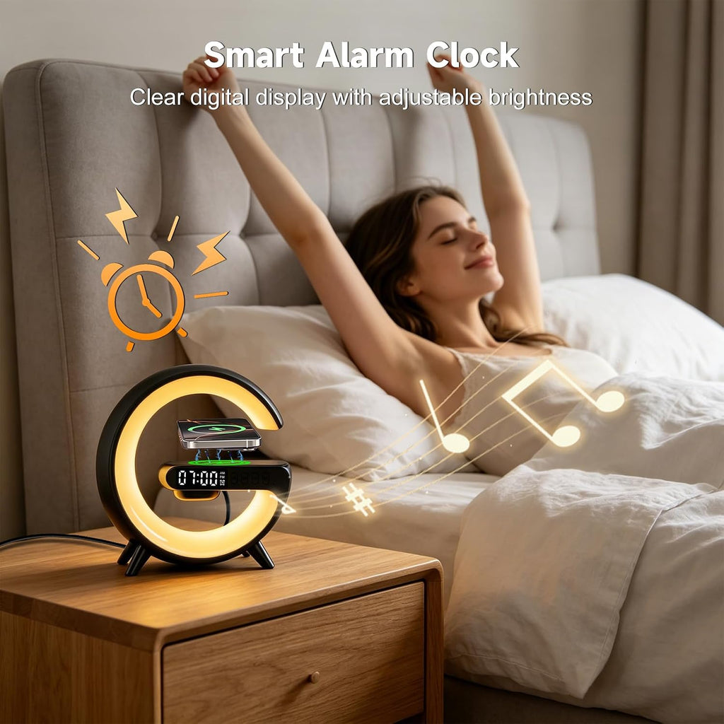 5-in-1 Smart LED Table Lamp with Wireless Charger, Bluetooth Speaker, Alarm Clock, Night Light, Bedside Lamp Charging Station for Bedroom Nightstand Dorm Desk, Home Decor, Gifts for Teen Boys Girls