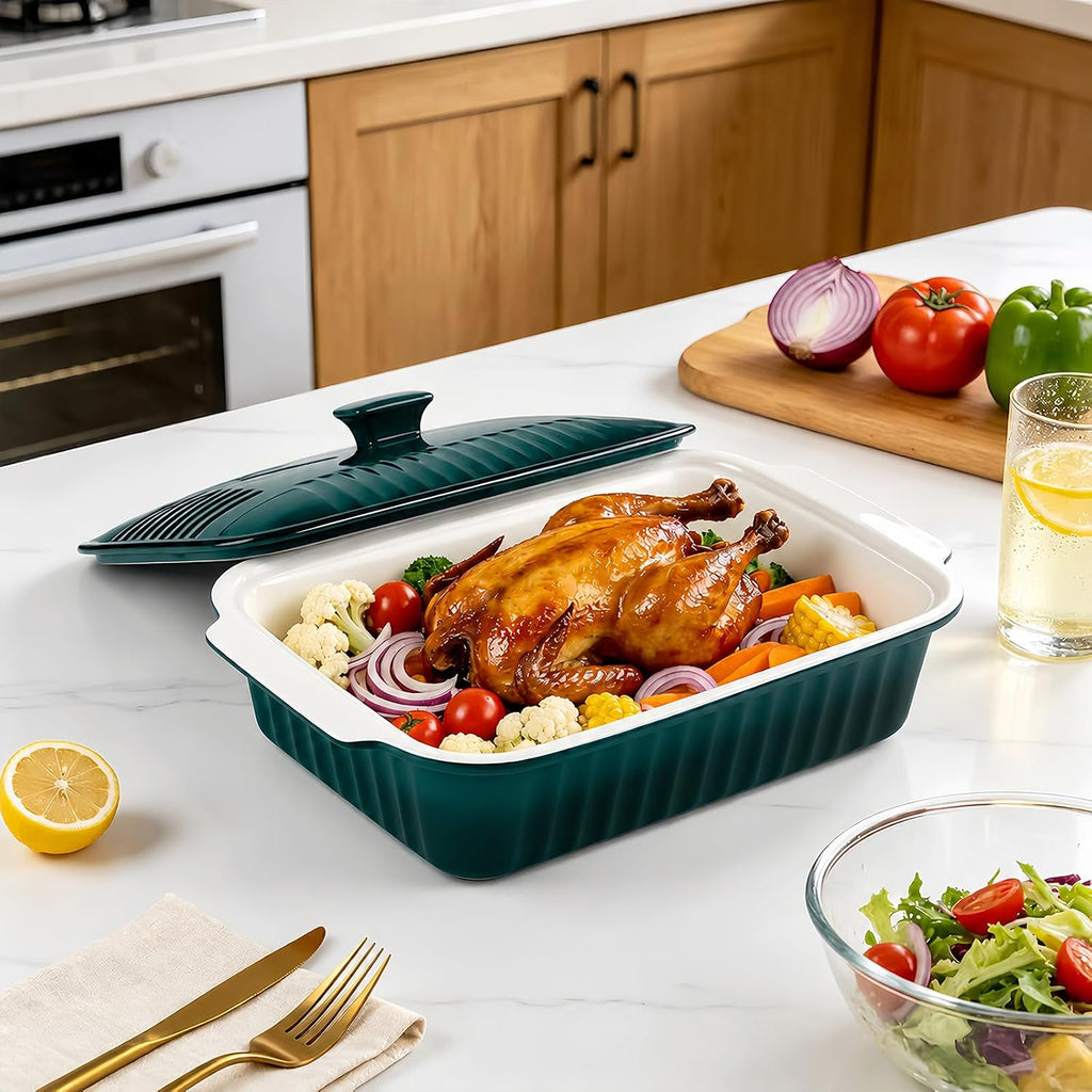 Large Baking Dish with Lid,5.5 Quart Lasagna Pan with Lid, 13.5x9 inch Ceramic Casserole Dish with Lid, Microwave, Dishwasher Safe