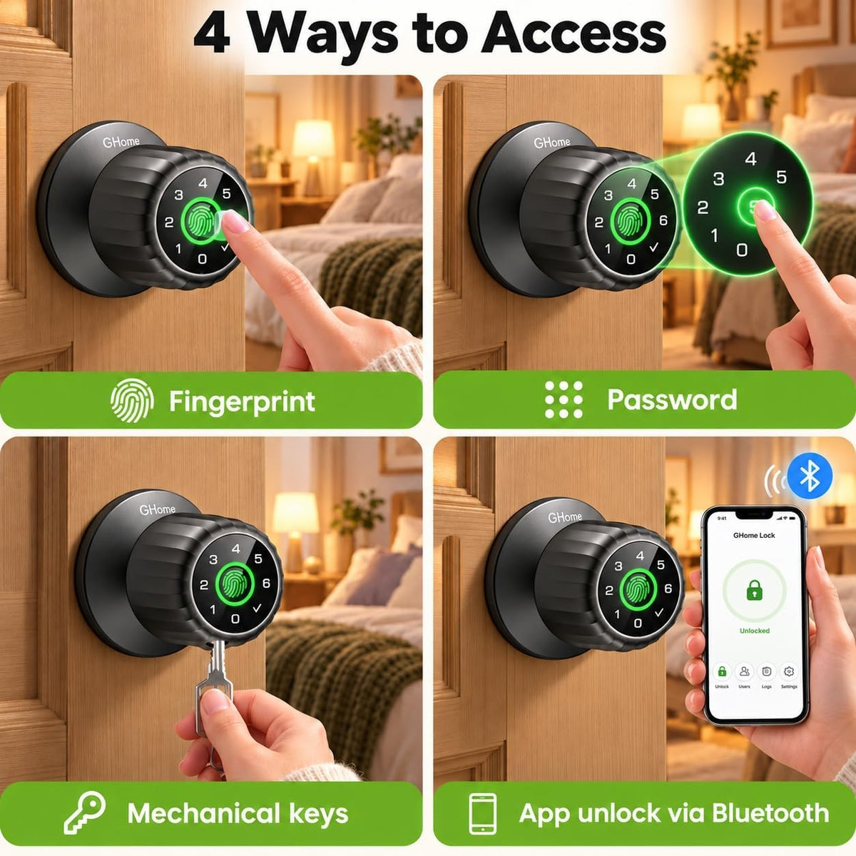 GHome Smart Fingerprint Door Lock, 4-IN-1 Smart Lock with Removable Battery