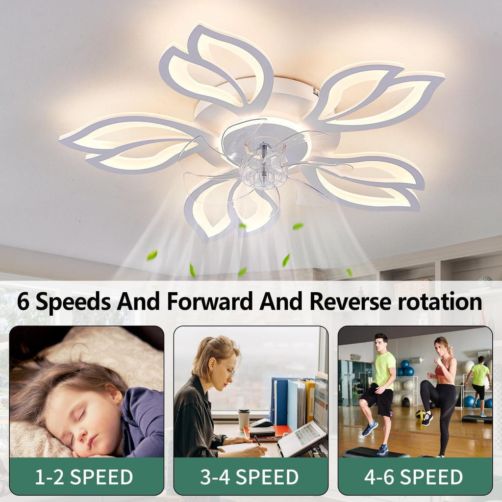 Modern Ceiling Fans with Lights, Low Profile Ceiling Fan with Remote for Bedroom, Flush Mount Ceiling Fan with LED Dimmable Light,3-Colors, 6-Speeds, Timing CeilingFan Light-White Leaves