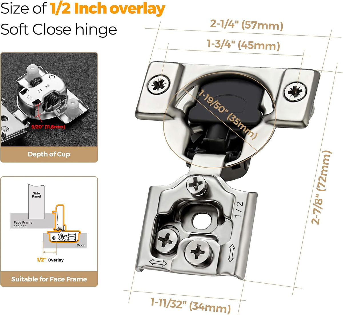 Soft Close Hinges for Kitchen Cabinet Hinges, 1/2 Inch Overlay, 60 Pack