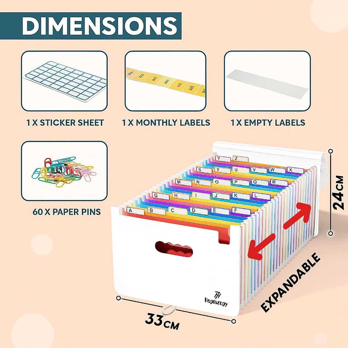 Plastic Accordion File Organizer, 26 Pockets Expandable File Folder Organizer, A4 Letter Size Filing Organizer with Colorful Tabs, Elastic Cord, 60 Paper Clip, Label & Stickers for Office School Home