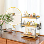 Wood 3 Tier Bathroom Counter Organizer with Side Baskets Fits Tall Bottles
