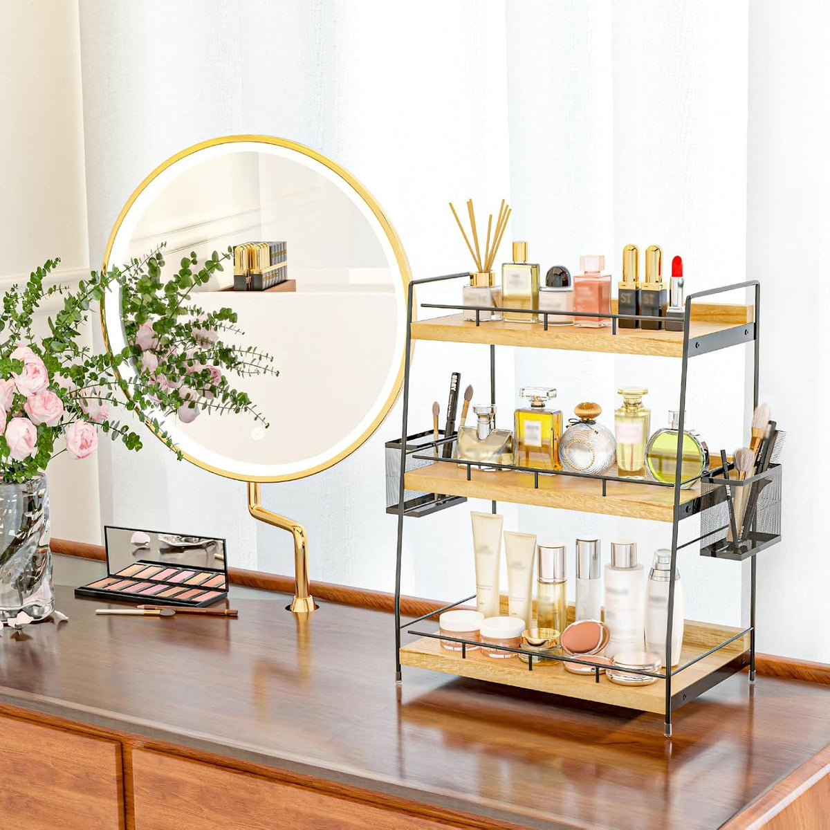 Wood 3 Tier Bathroom Counter Organizer with Side Baskets Fits Tall Bottles