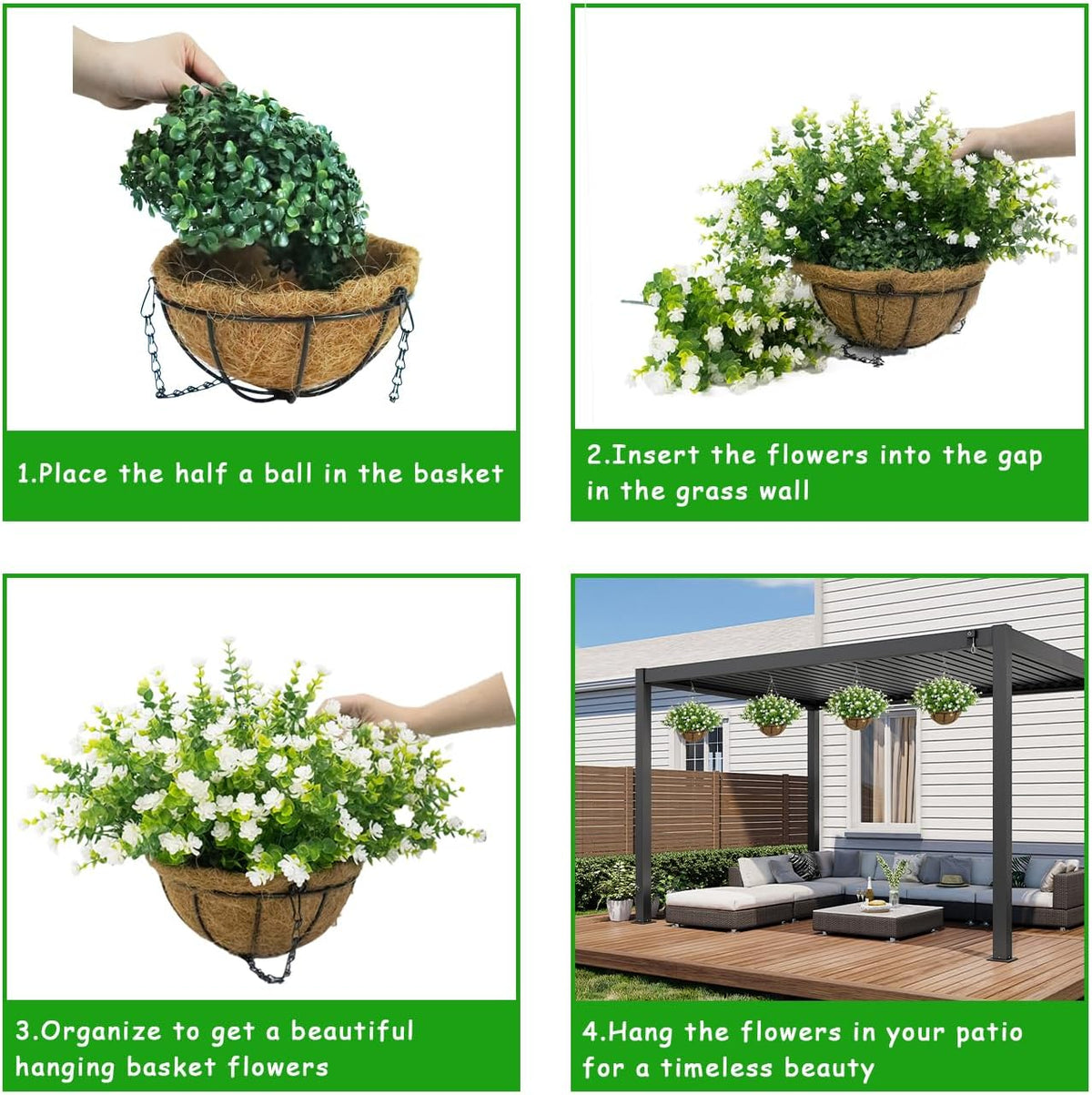 White Artificial Flowers for Hanging Baskets Outdoor, Faux Plant Decor