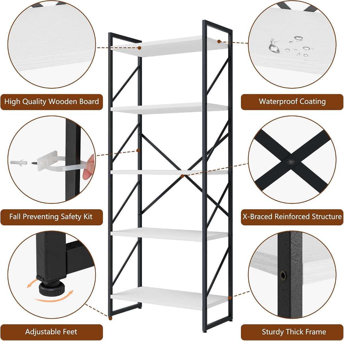 Shintenchi 2 Pieces 5 Tiers Bookshelf, Classically Tall Bookcase Shelf