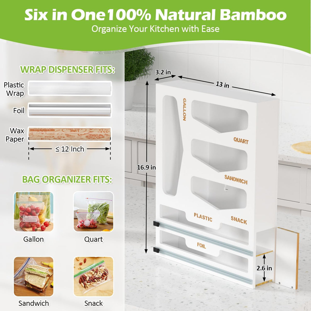 6 in 1 Bamboo Bag Organizer and Wrap Dispenser with Cutters, White