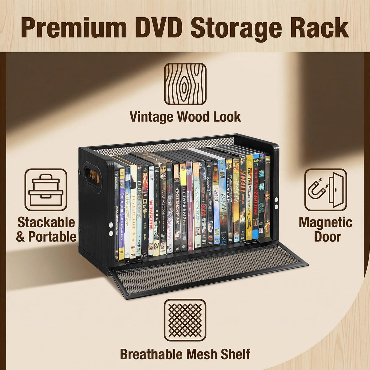 DVD Storage Racks with Handles, 2 Pack, Holds Up to 56 DVD or 64 Blu-ray Cases Total, Metal Mesh and Engineered Wood Media Organizers, Black