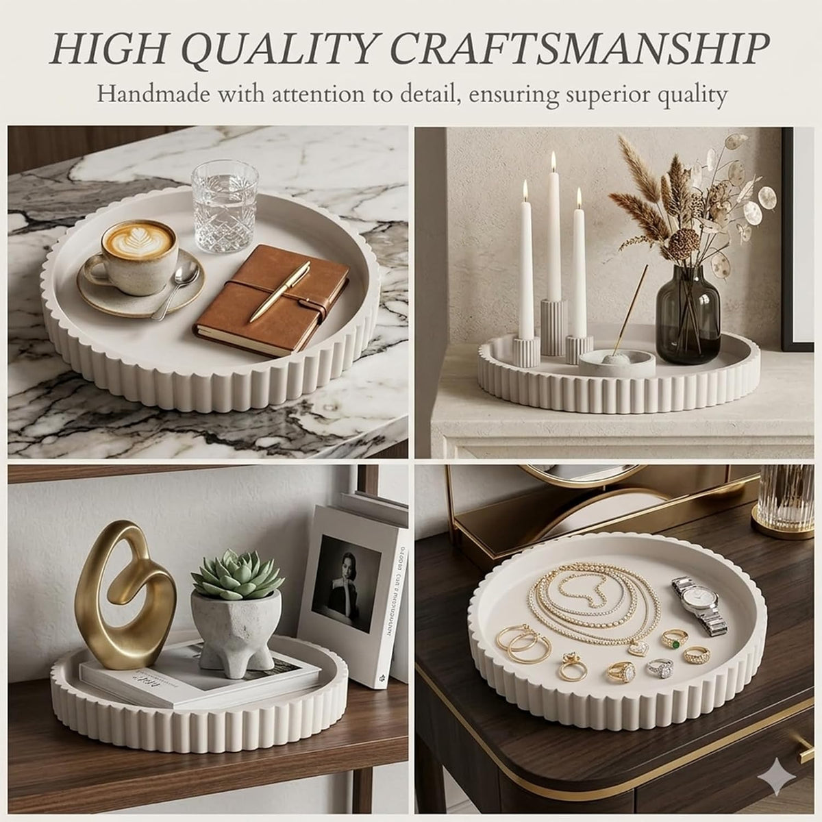 Round Solid Concrete Tray, Fluted Centerpiece for Coffee Table Decor 11"
