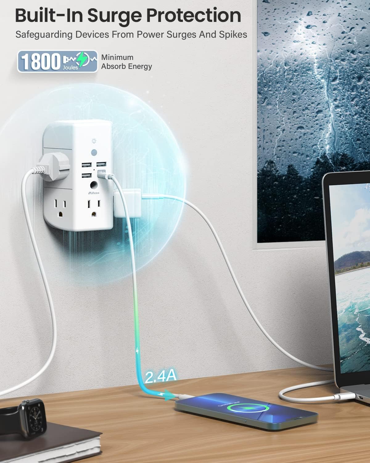 Mifaso Outlet Extender with Shelf and Night Light, 1800J Surge Protector