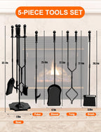 Large 5 Pcs Fireplace Tools Set Black Fire Place Tools Indoor Outdoor Fire Place Poker Set with Stand, Including Fireplace Poker,Fireplace Tongs,Fireplace Shovel,Fireplace Brush and Sturdy Base