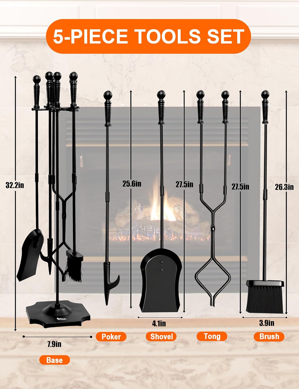 Large 5 Pcs Fireplace Tools Set Black Fire Place Tools Indoor Outdoor Fire Place Poker Set with Stand, Including Fireplace Poker,Fireplace Tongs,Fireplace Shovel,Fireplace Brush and Sturdy Base