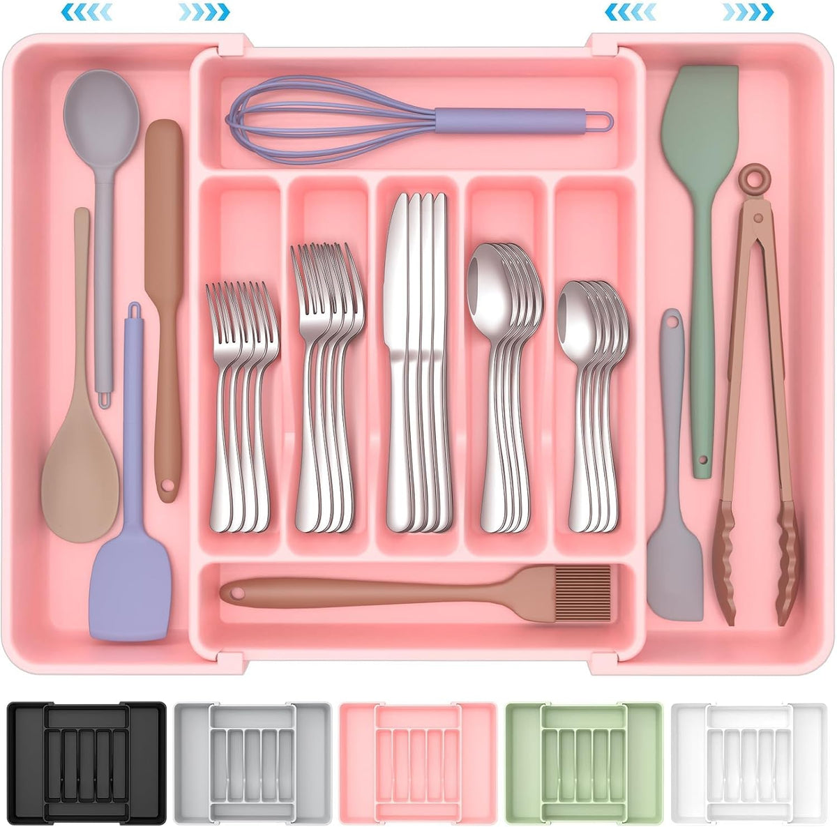 ukeetap Extra Large Expandable Silverware Organizer, Flatware Tray, Pink