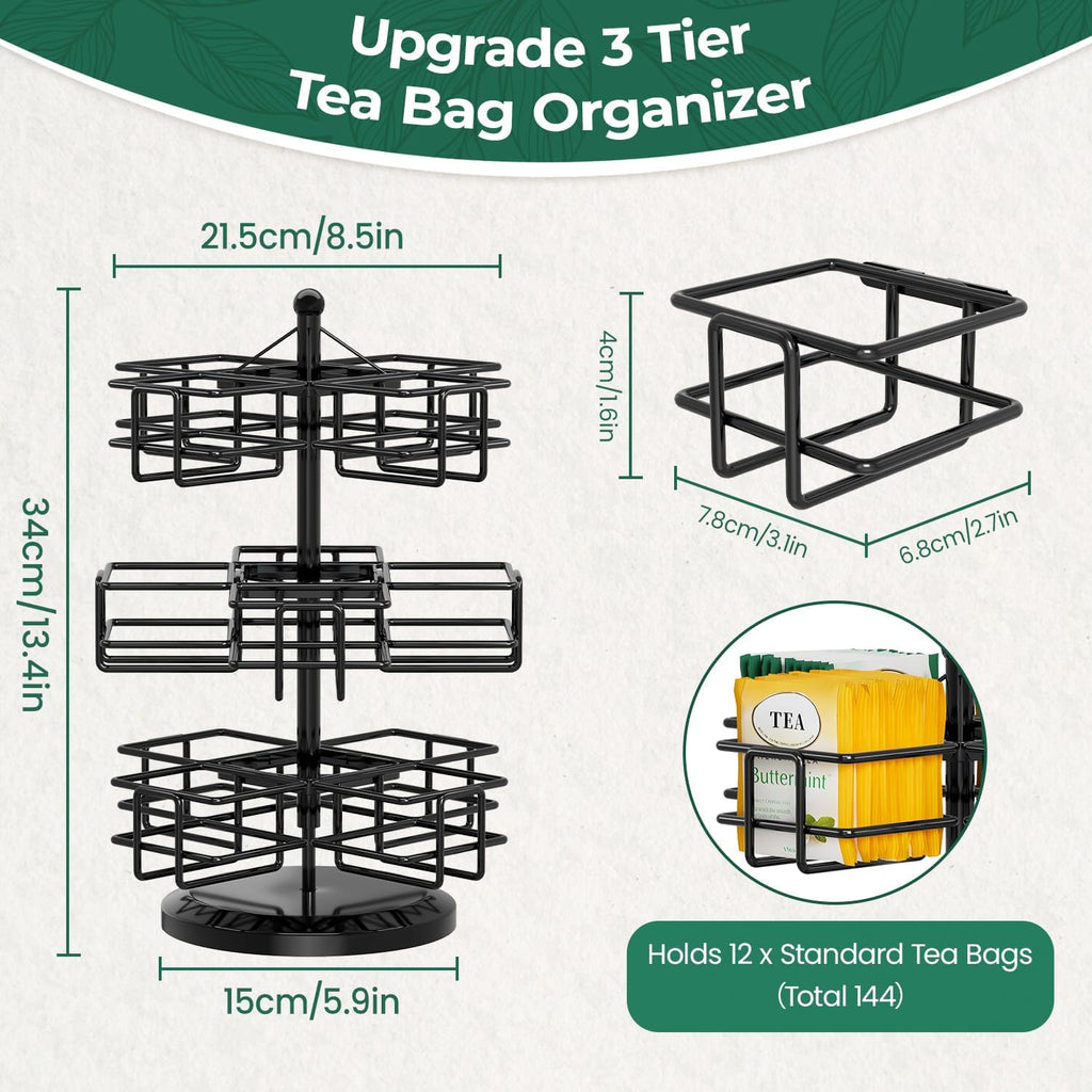 EsLuker.ly Tea Bag Holder Organizer for Counter, 3 Tier Metal Black